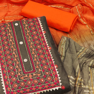 Grey Floral Embroidered Cotton Blend Dress Material