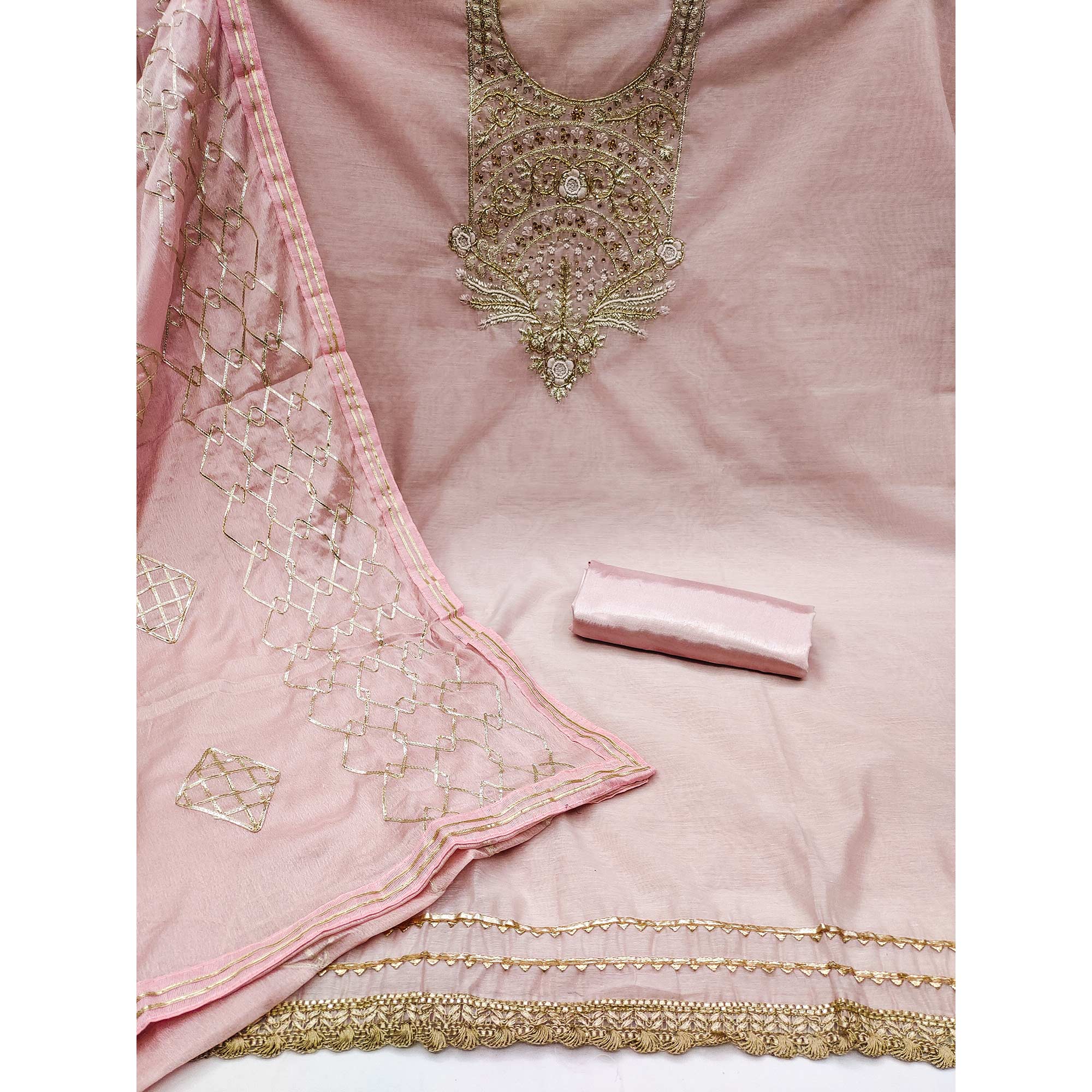 Pink Floral Embroidered Modal Dress Material