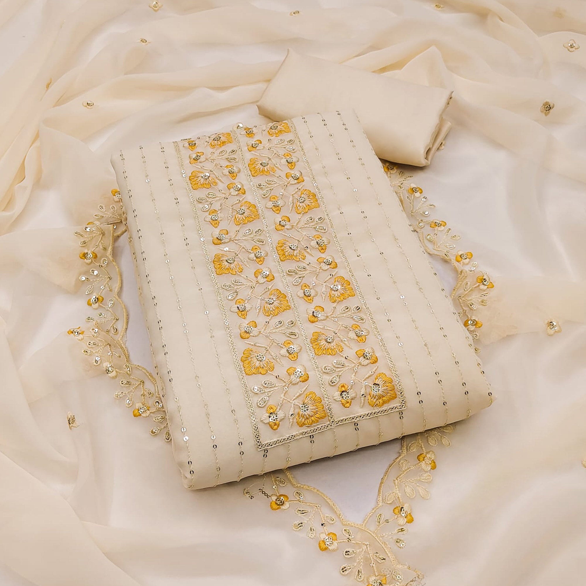 Light Chikoo Sequins Embroidered Georgette Dress Material