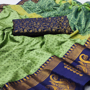 Pista Green Woven Cotton Silk Saree With Tassels