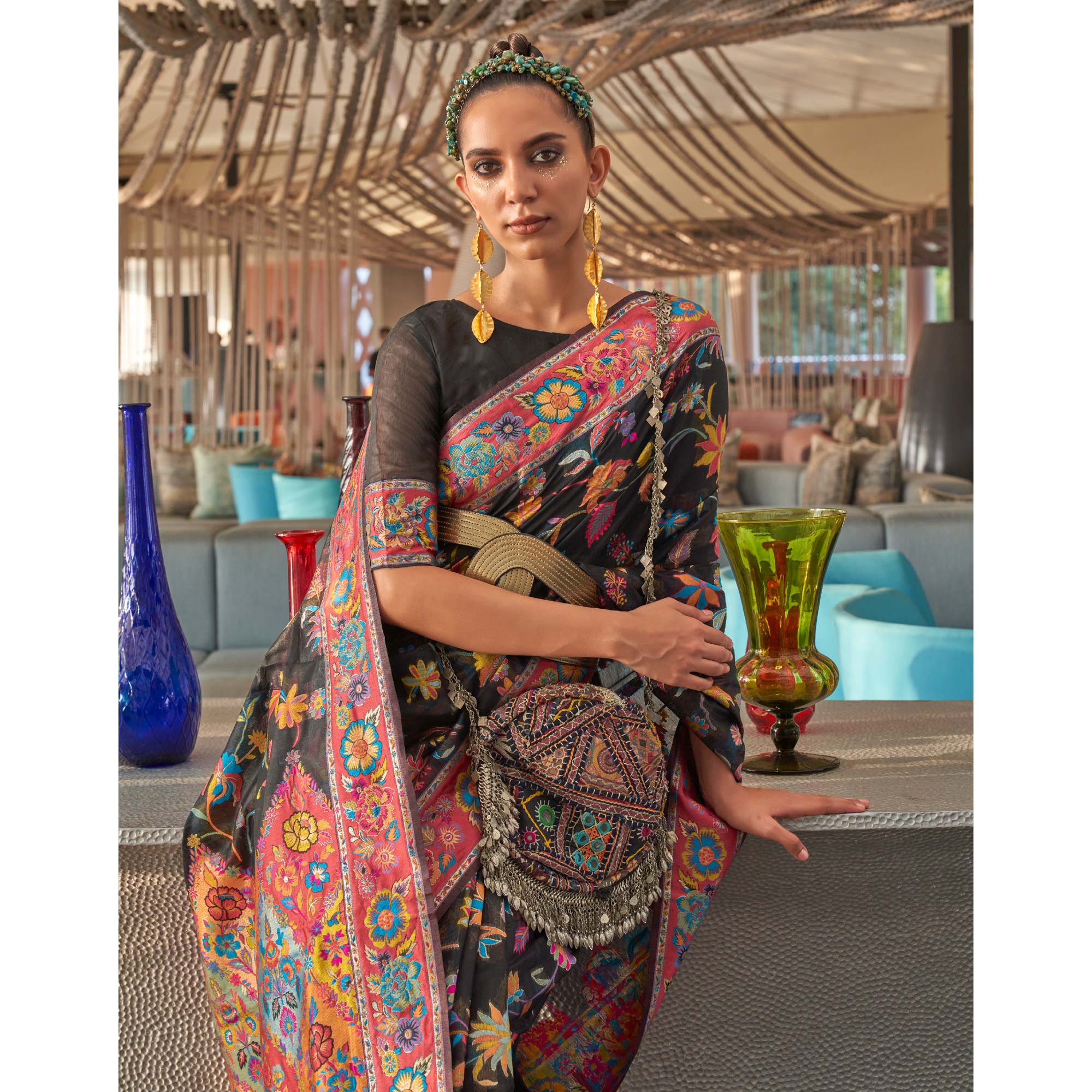 Black Floral Woven Modal Saree