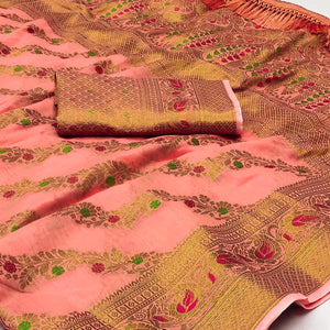 Peach Woven Cotton Blend Saree With Tassels