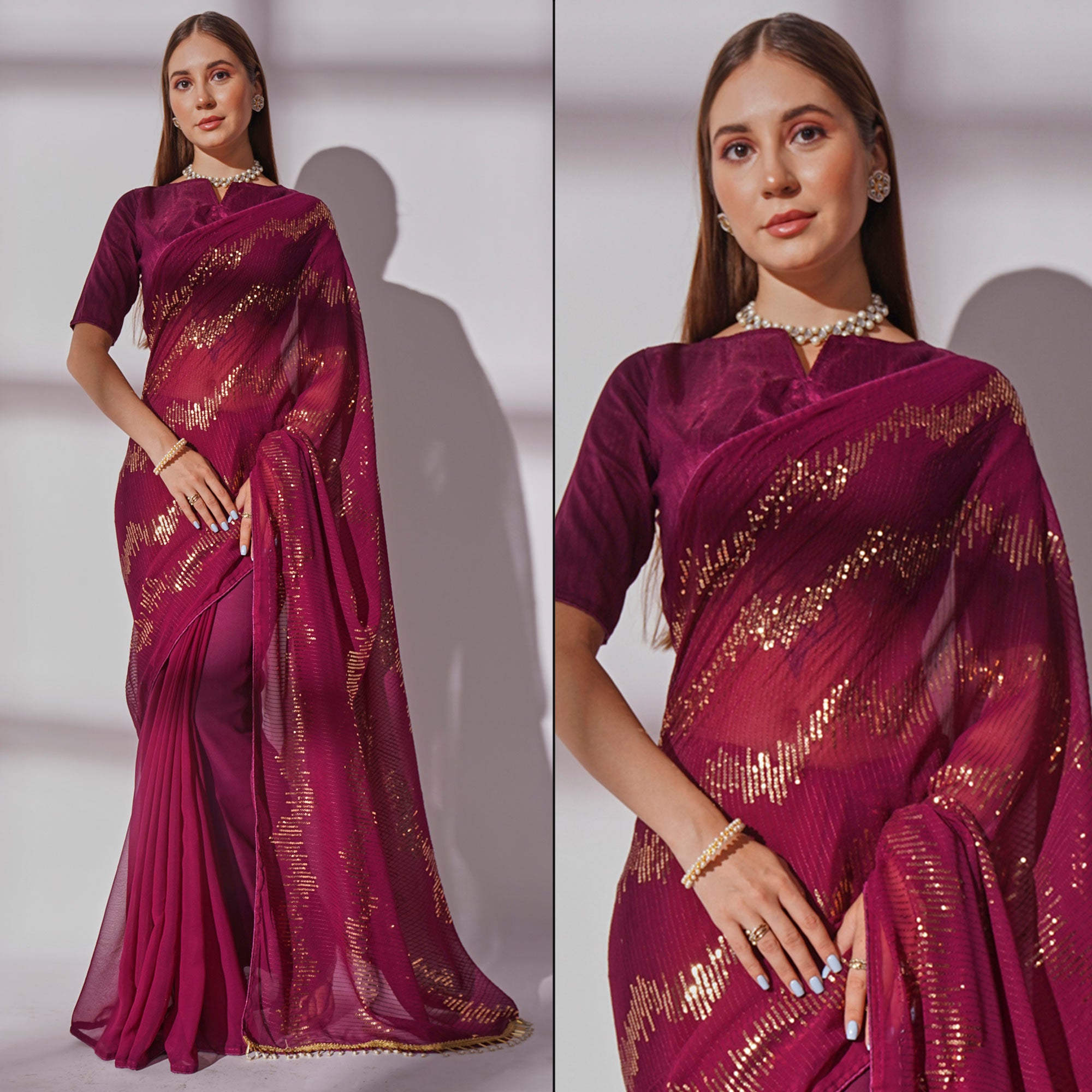 Wine Sequins Embroidered Georgette Saree
