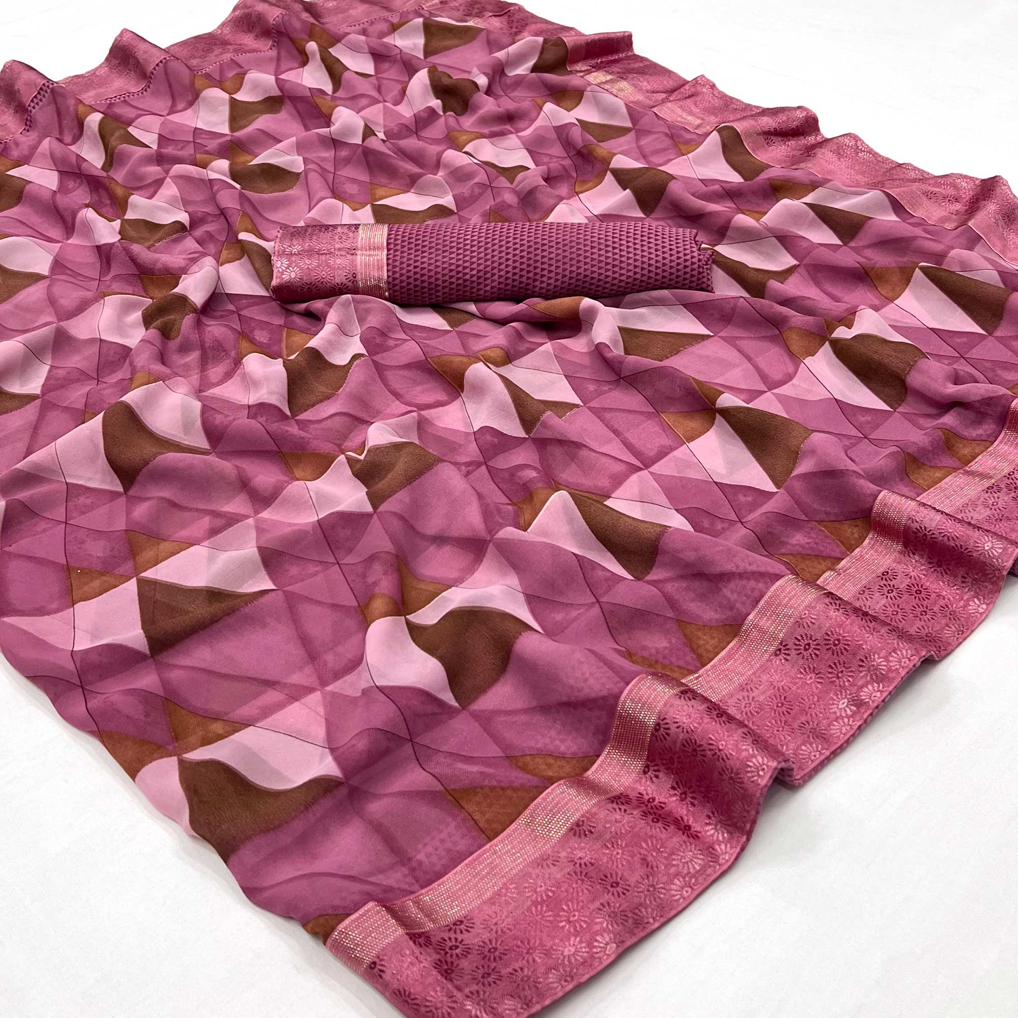 Gajari Pink Geometric Printed Georgette Saree