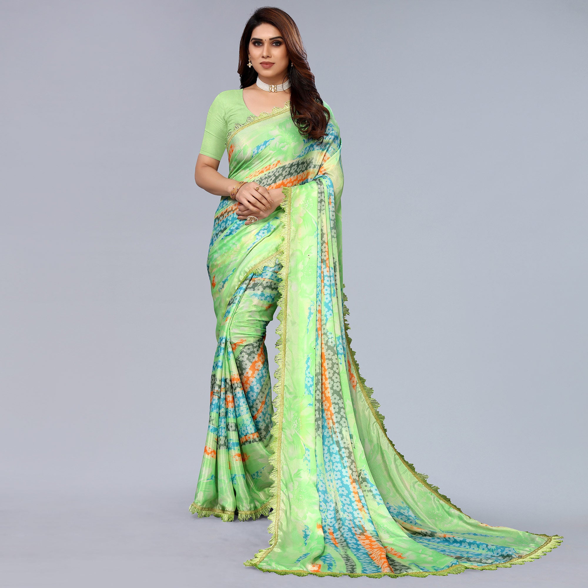 Parrot Green Floral Printed Art Silk Saree With Crochet Border