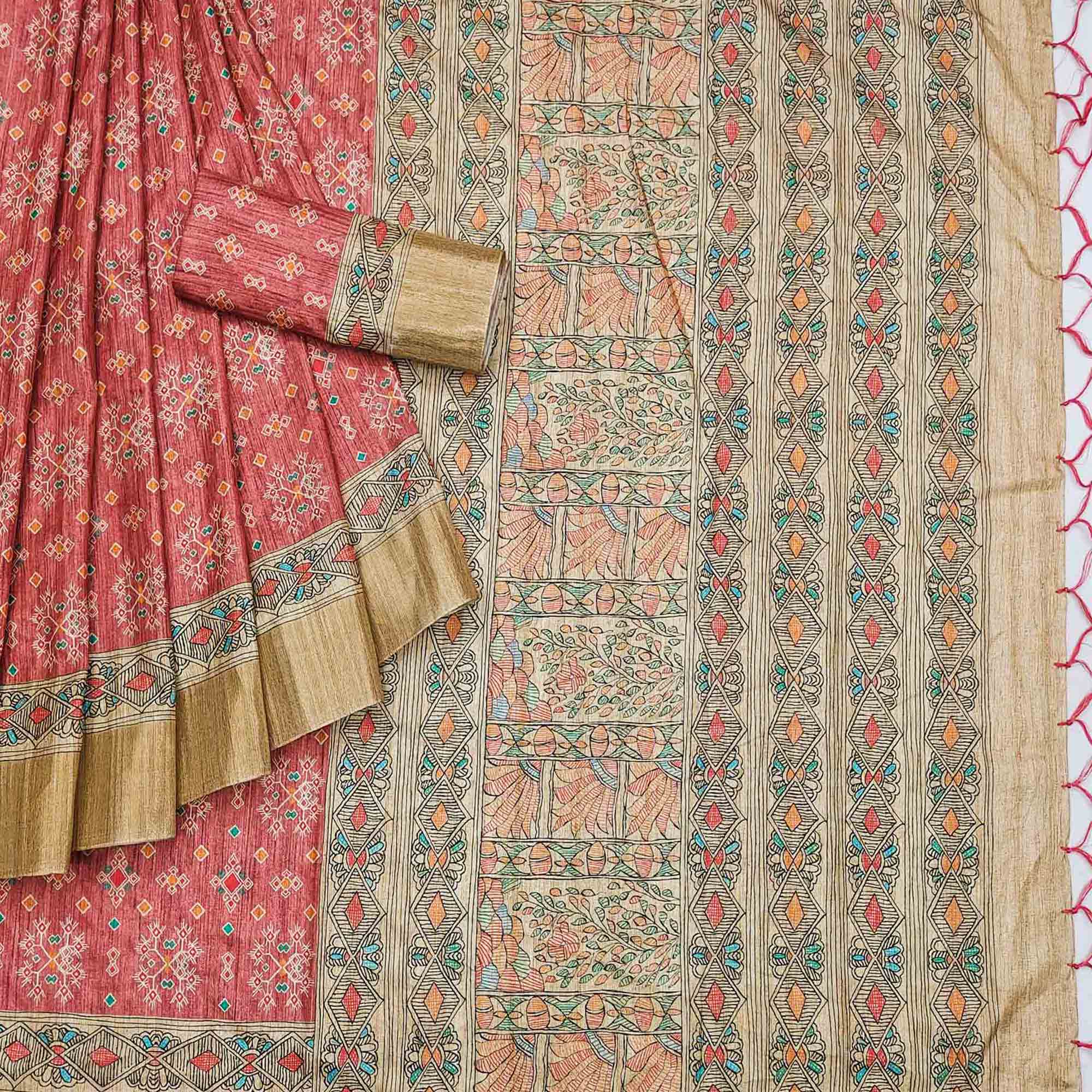 Peach Printed Matka Tussar Saree With Tassels