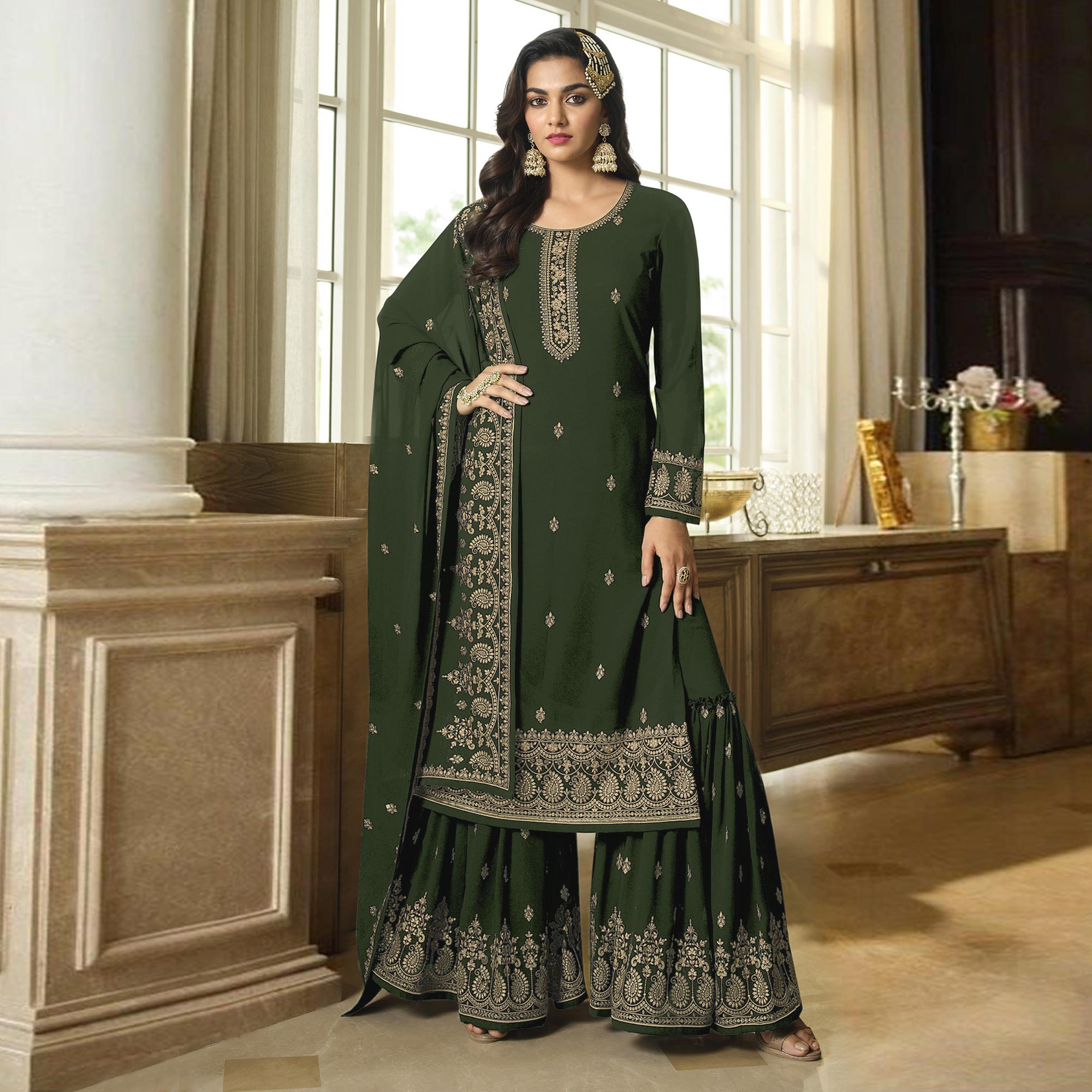 Green Floral Embroidered Georgette Sharara Suit