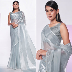 Grey Solid Organza Saree With Tassels
