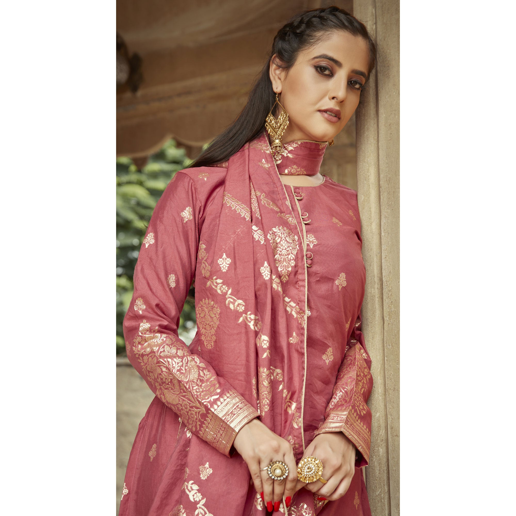 Pink Woven Viscose Kurti With Dupatta