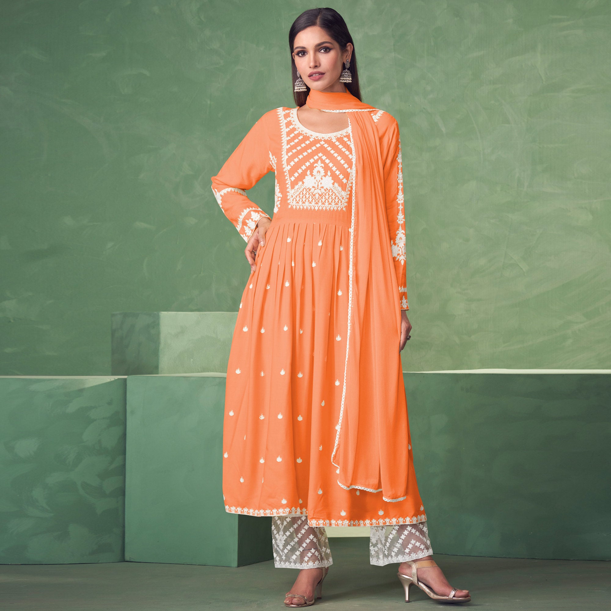 Orange Lucknowi Work Rayon Naira Cut Palazzo Suit