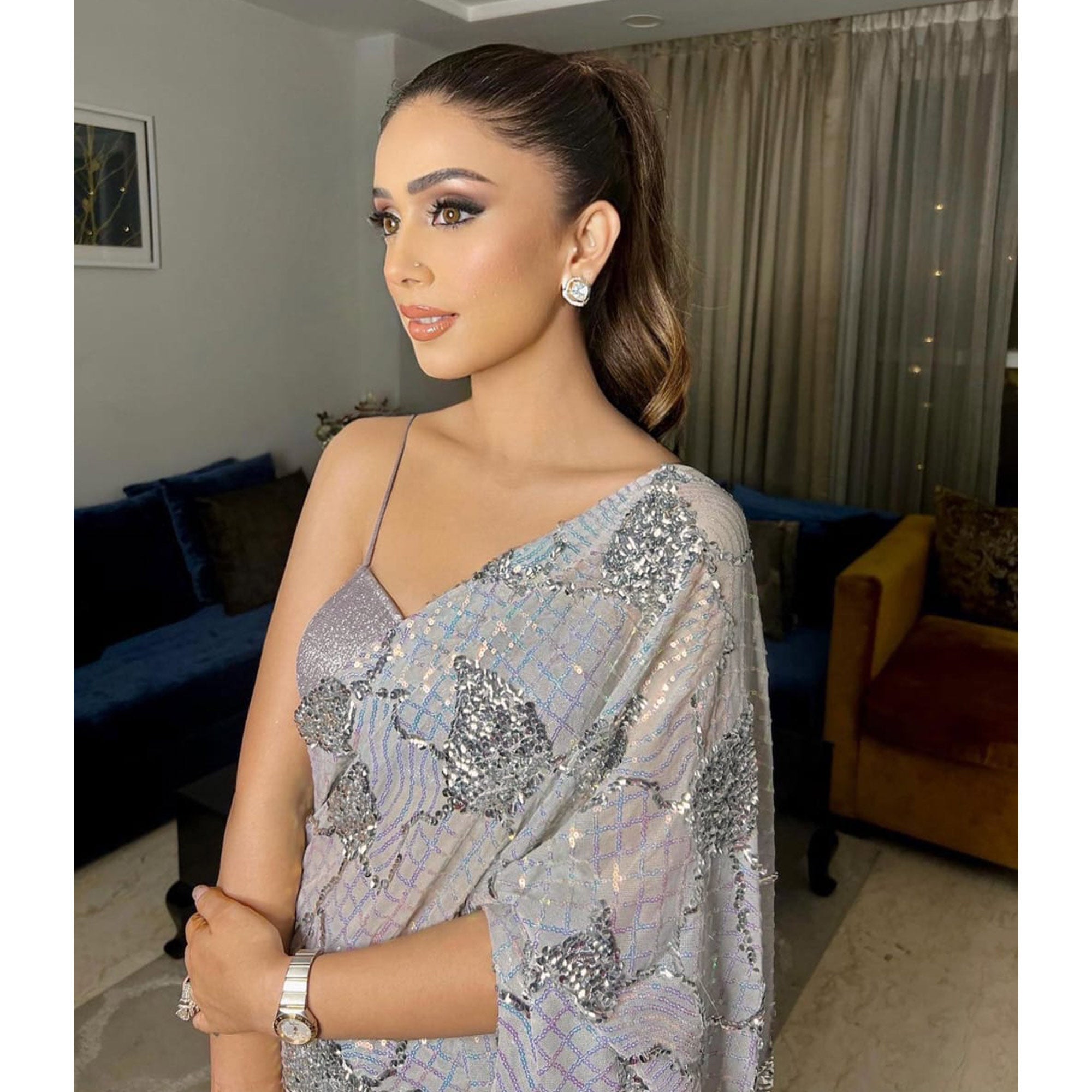 Grey Sequins Work Georgette Saree