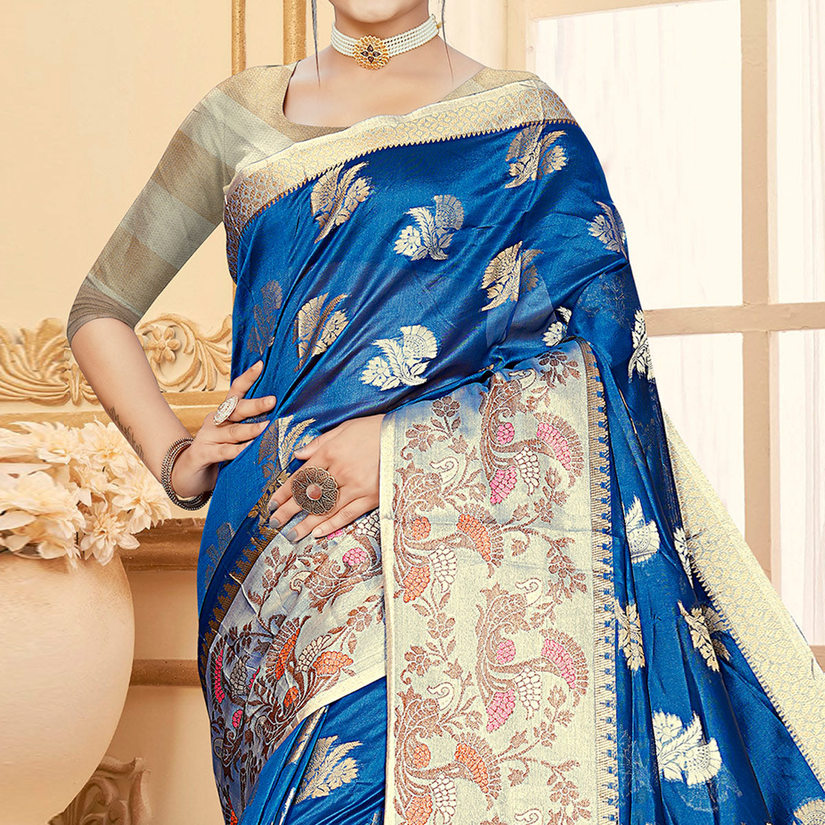 Blue Floral Woven Organza Saree With Tassels