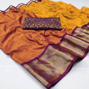Orange Woven Cotton Silk Saree With Tassels