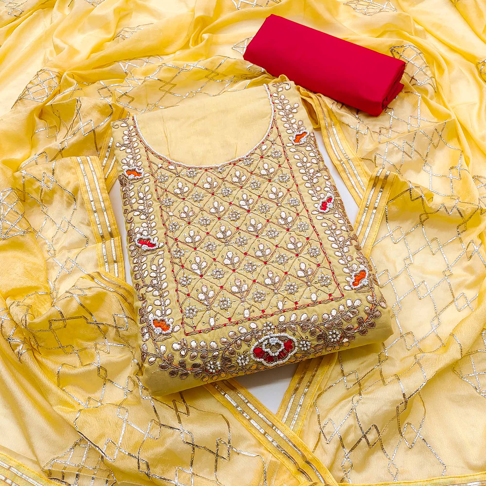 Yellow Embroidered Cotton Blend Dress Material