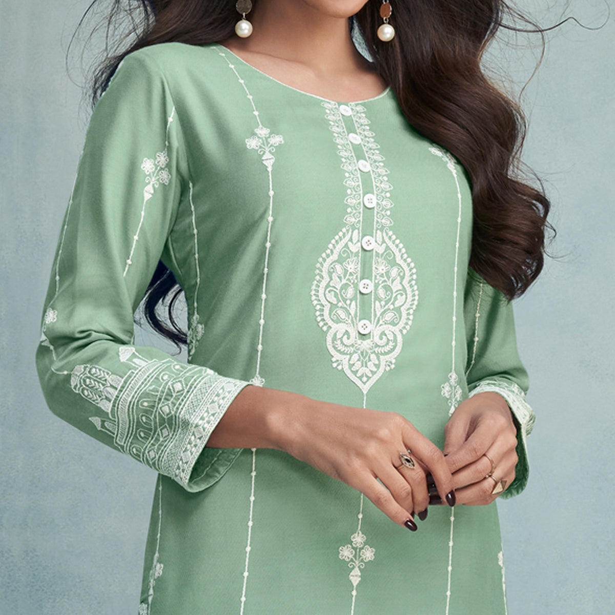 Sea Green Lucknowi Embroidered Rayon Kurti