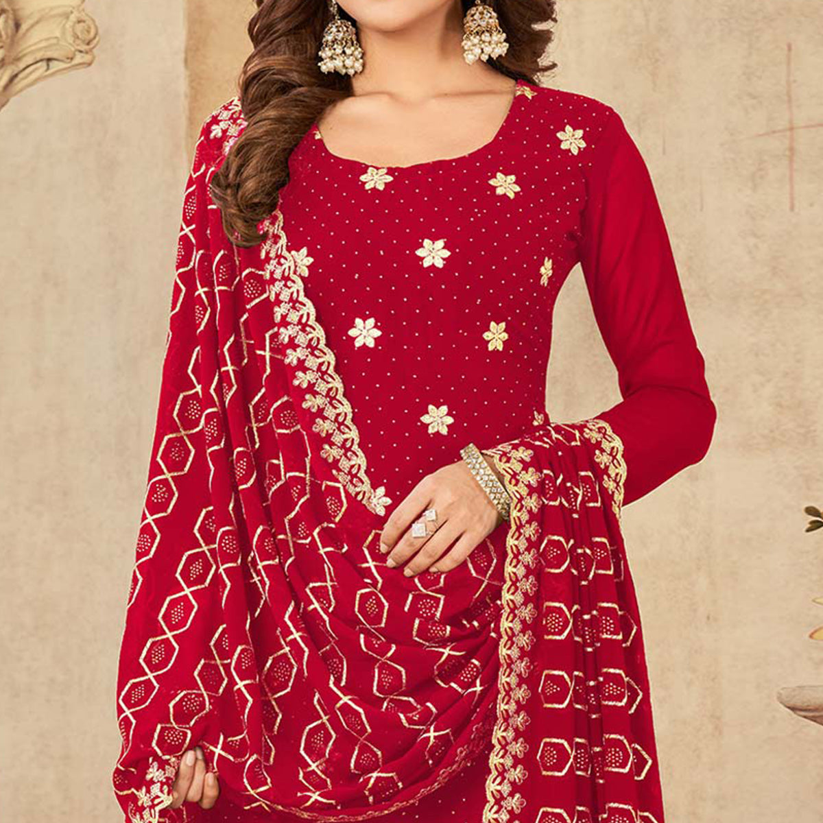 Red Embroidered Georgette Suit