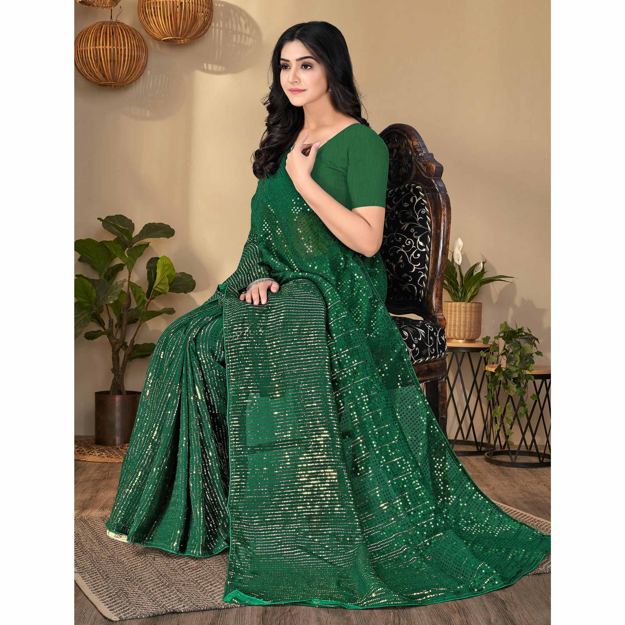 Green Sequins Embroidered Georgette Saree