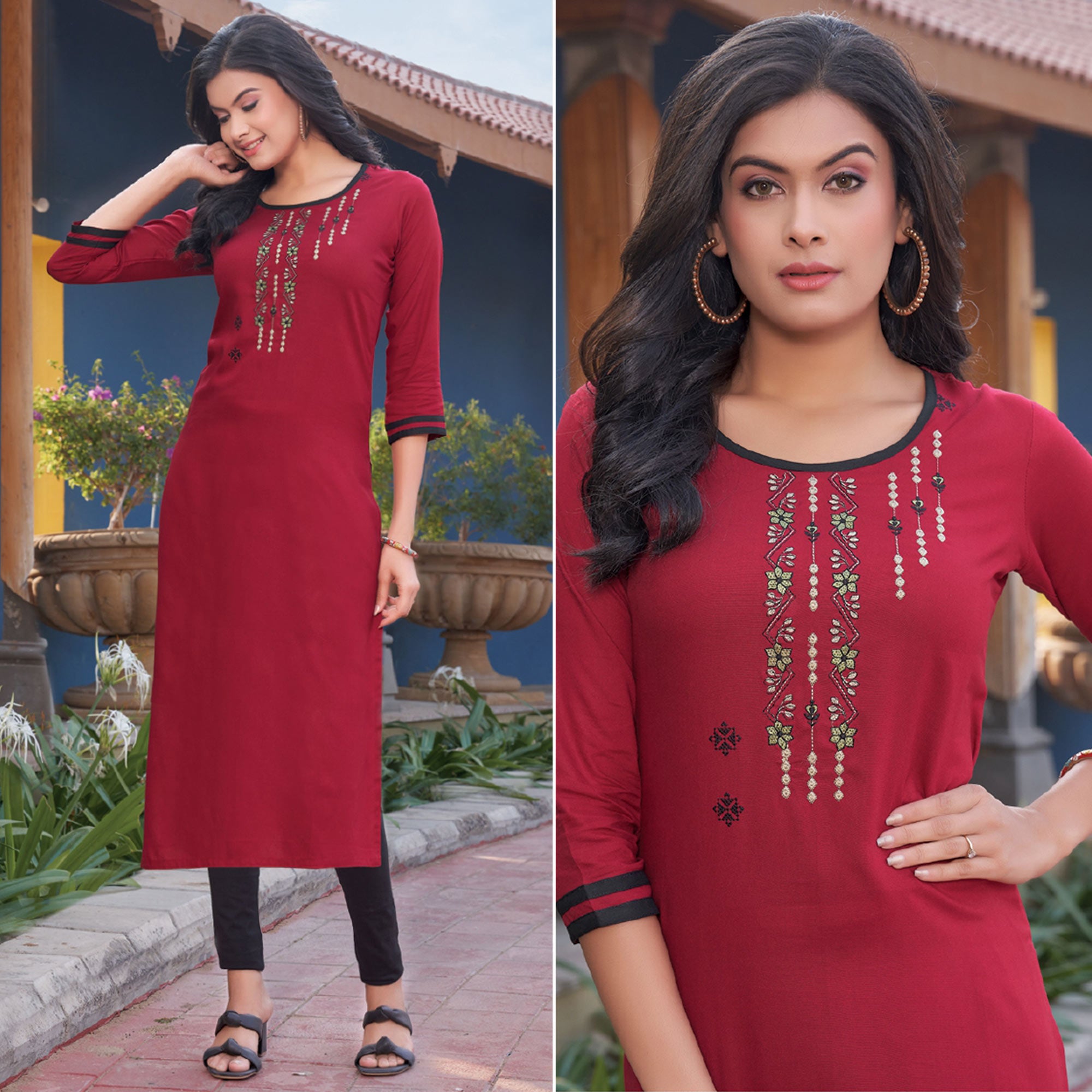 Maroon Embroidered Rayon Kurti