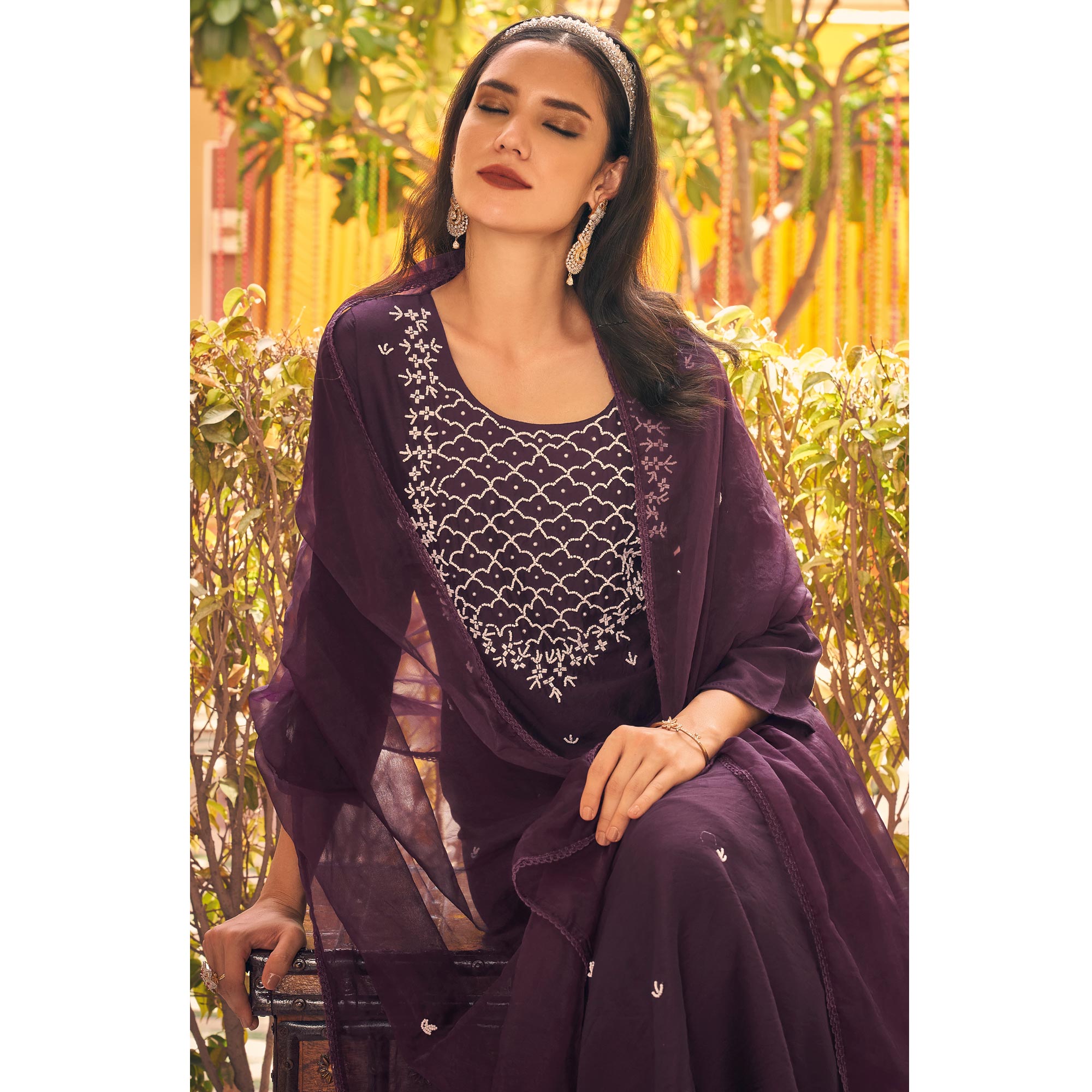 Wine Embellished Viscose Salwar Suit