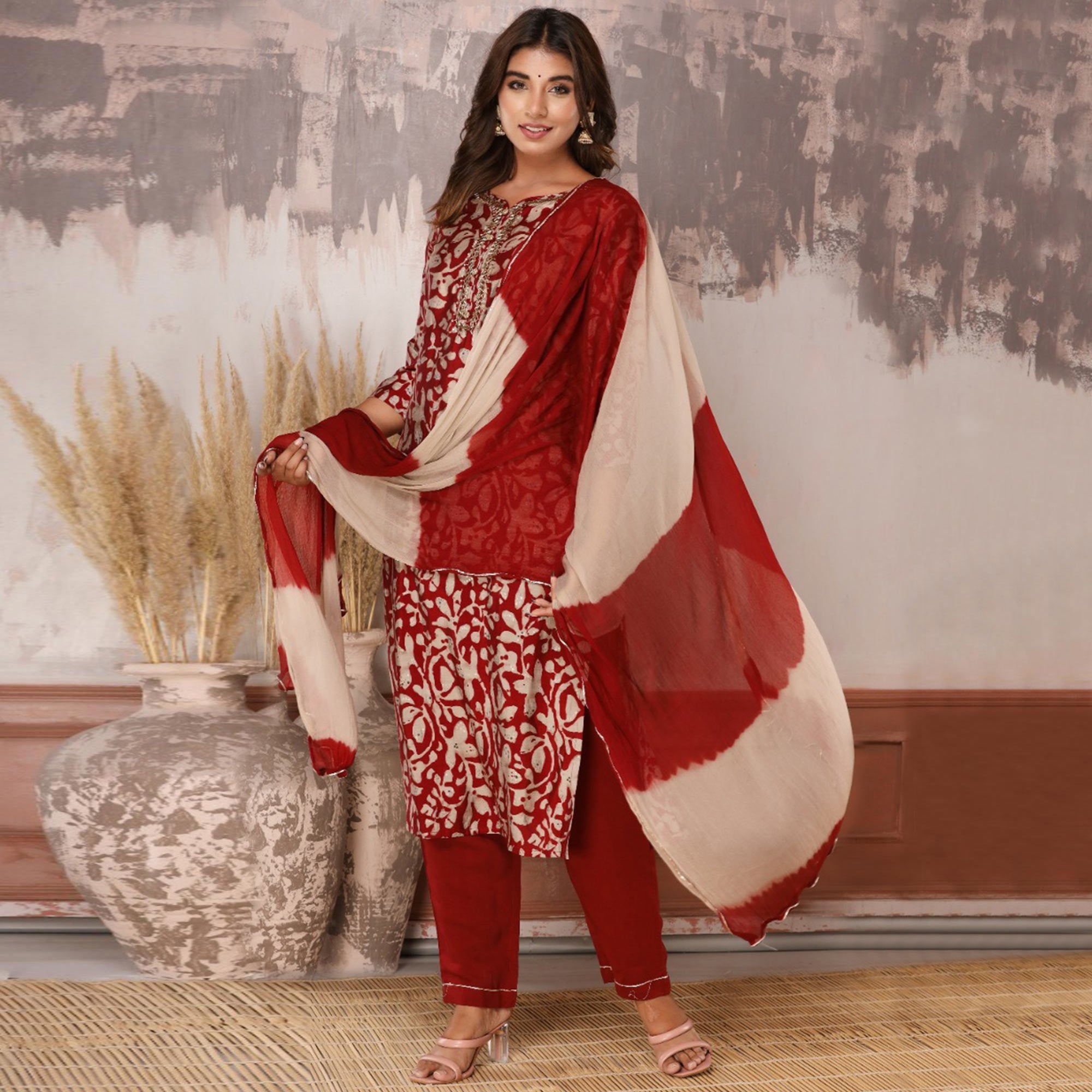 Dark Red Floral Printed Muslin Salwar Suit