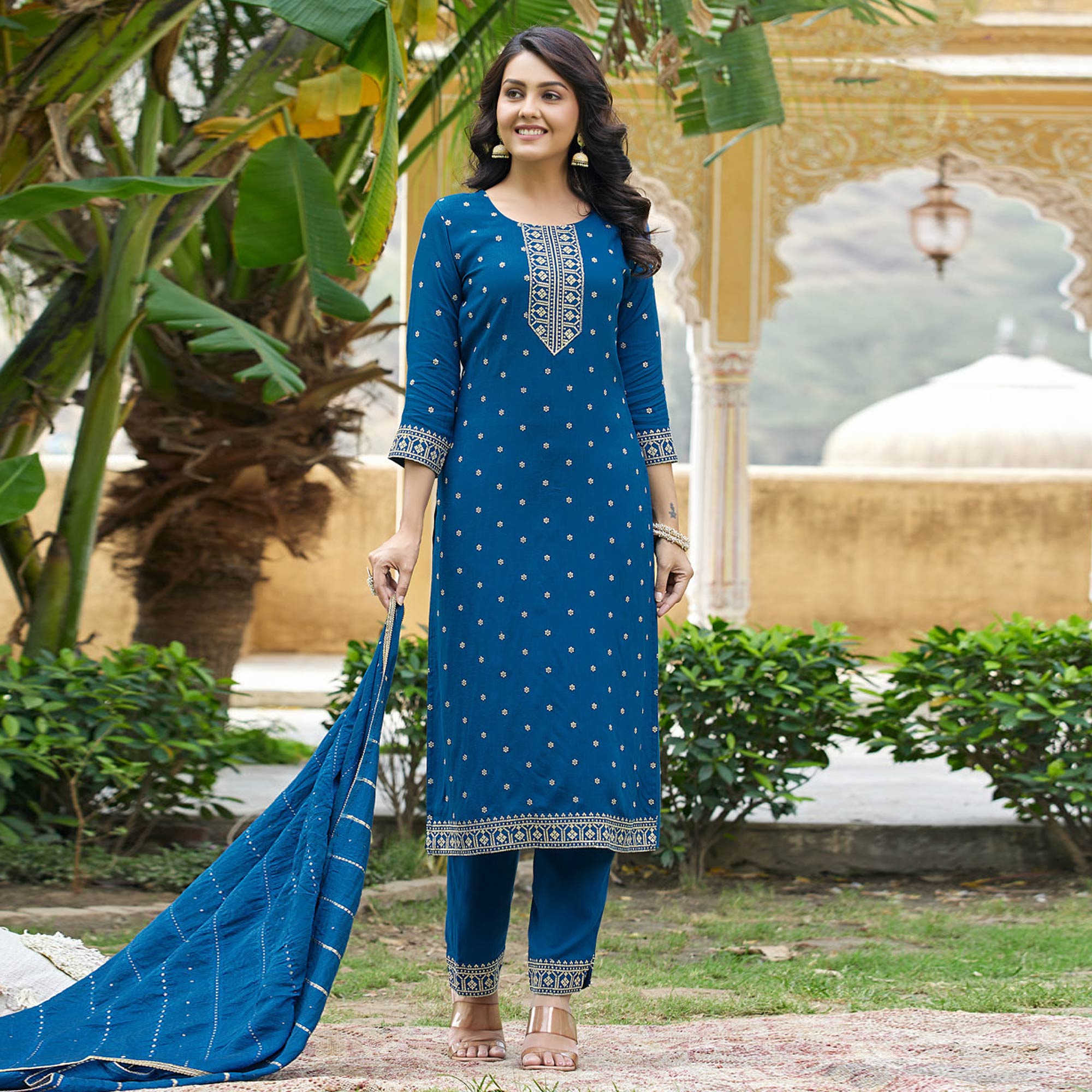 Blue Embroidered Cotton Salwar Suit