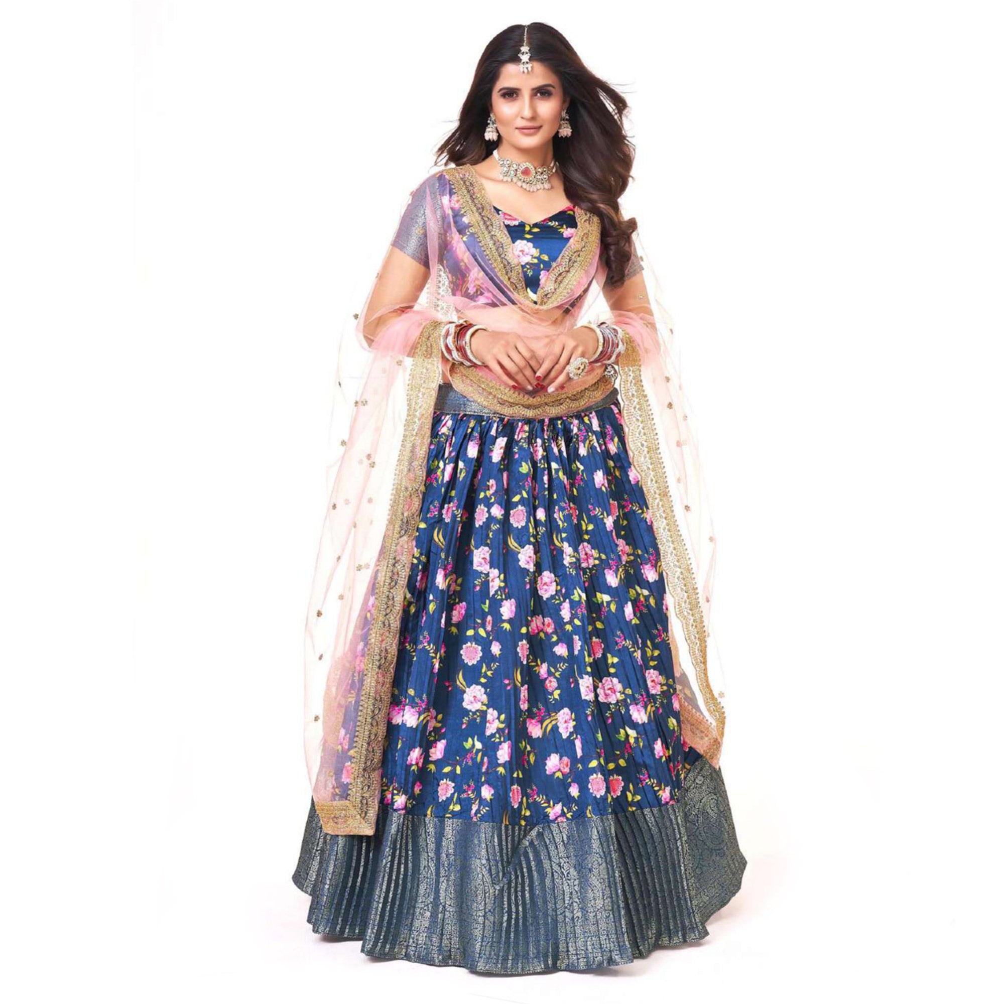 Royal Blue Digital Printed With Zari Work Art Silk Lehenga Choli
