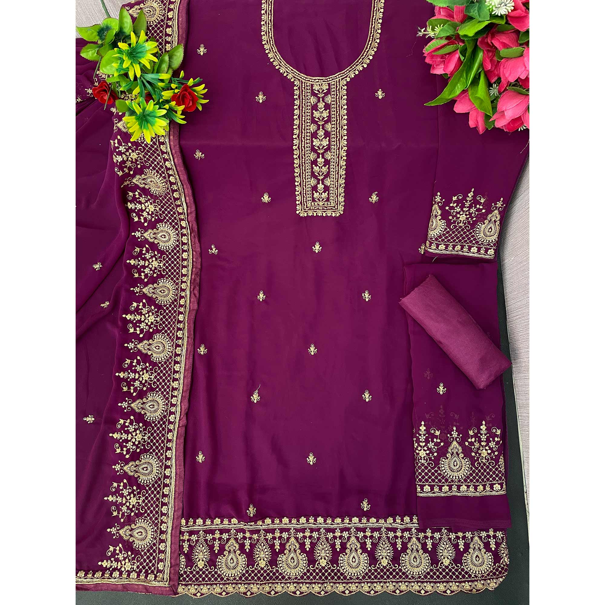 Purple Floral Embroidered Georgette Sharara Suit