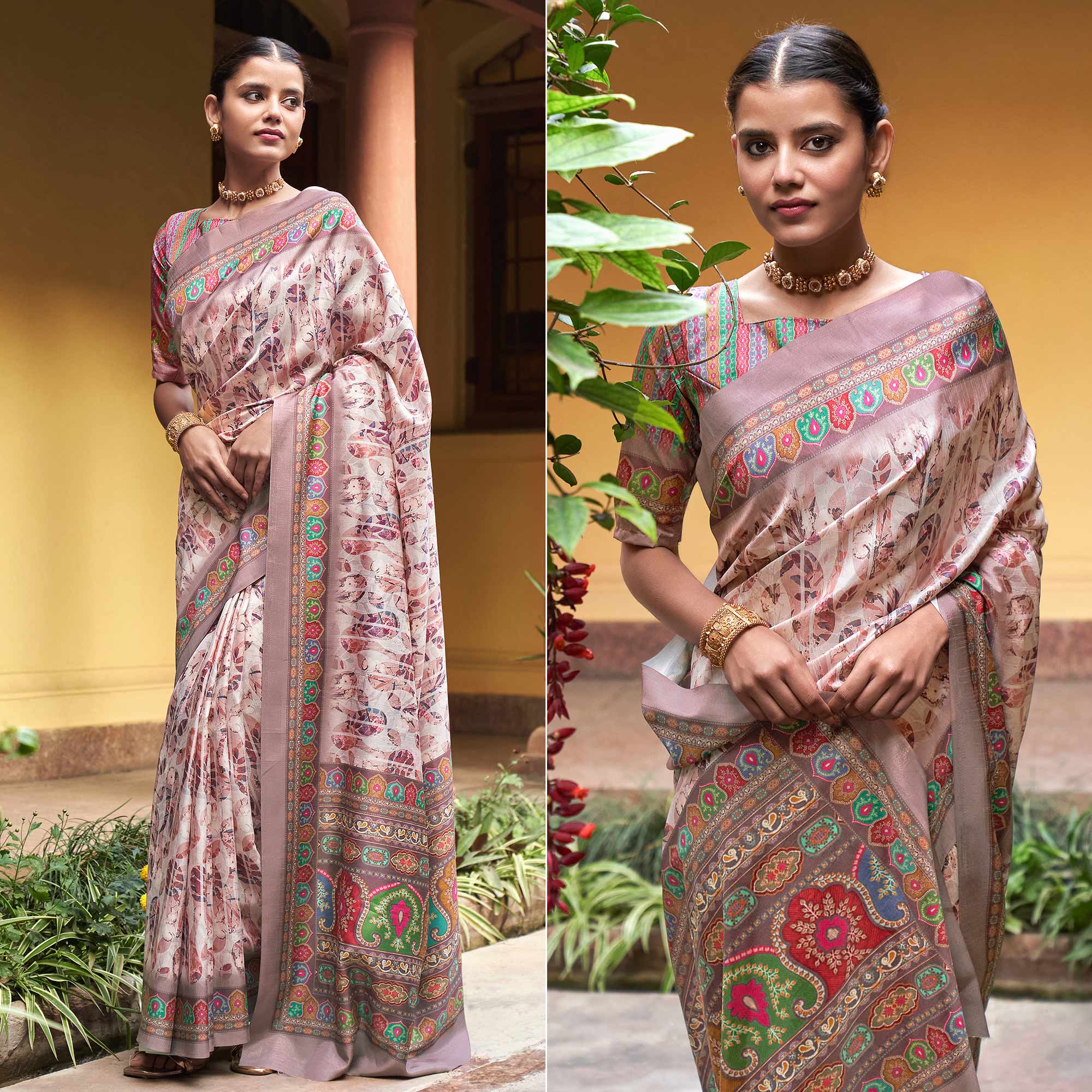 Brown Digital Printed Satin Saree