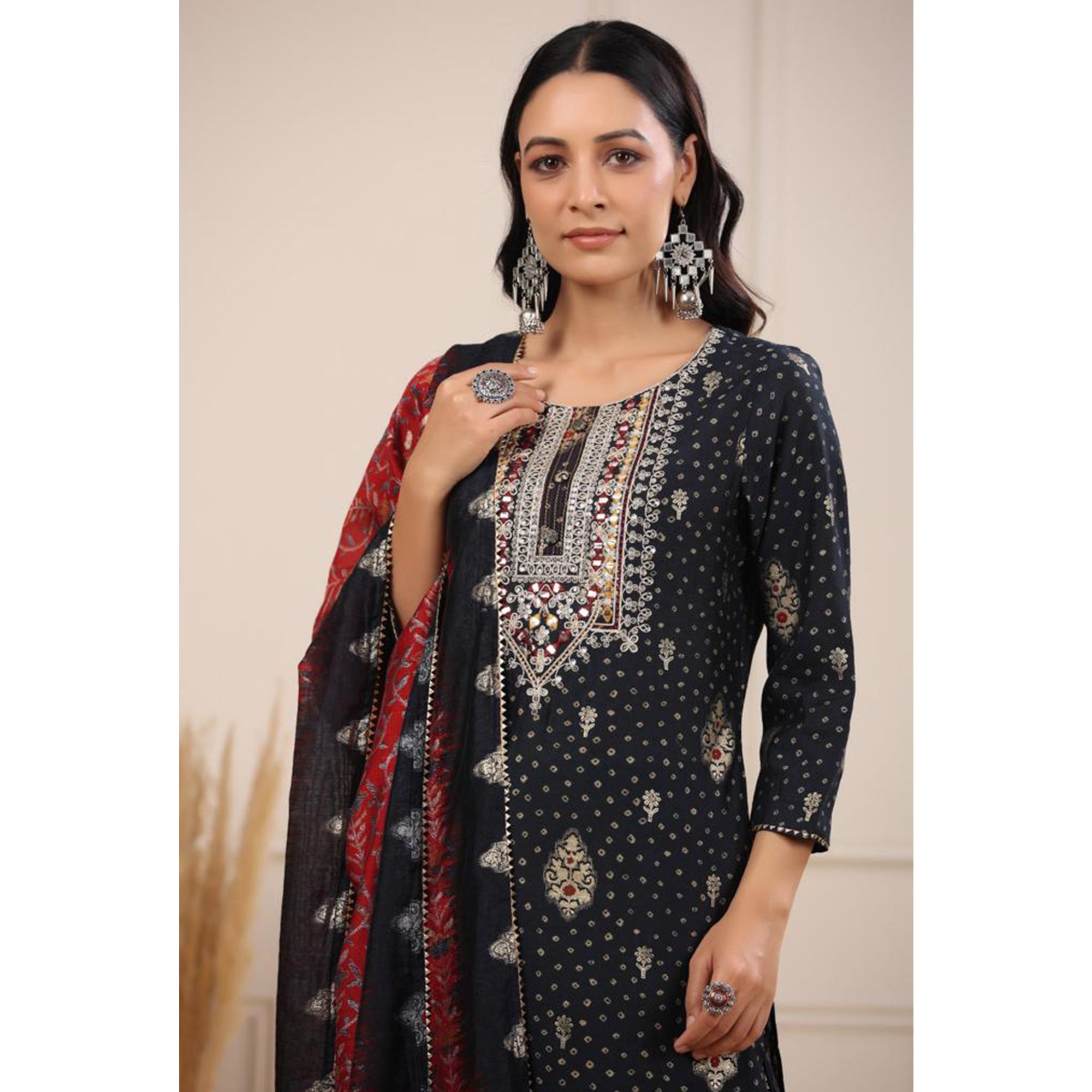 Black Jaipuri Printed With Embroidered Chanderi Salwar Suit