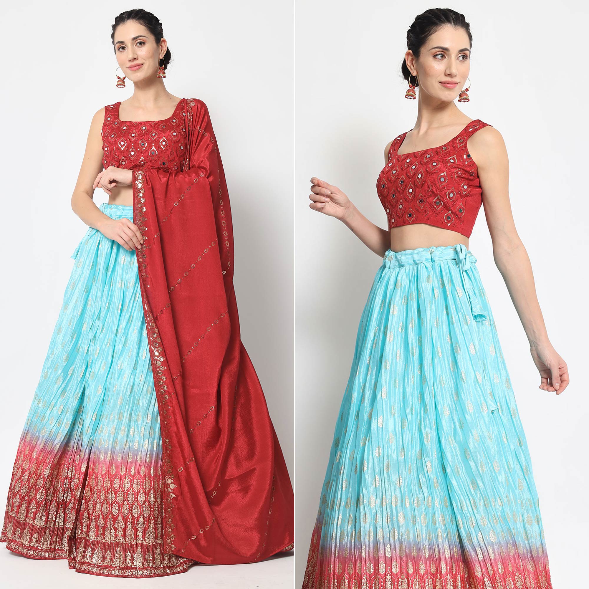 Sky Blue Foil Printed Chiffon Lehenga Choli