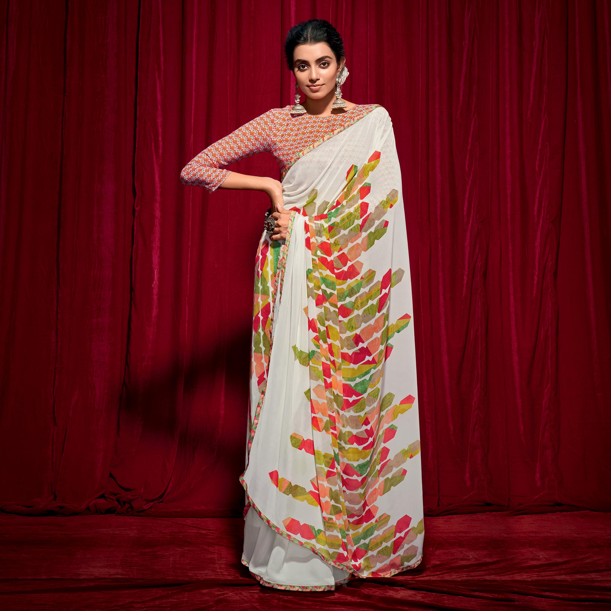 White Printed Georgette Saree