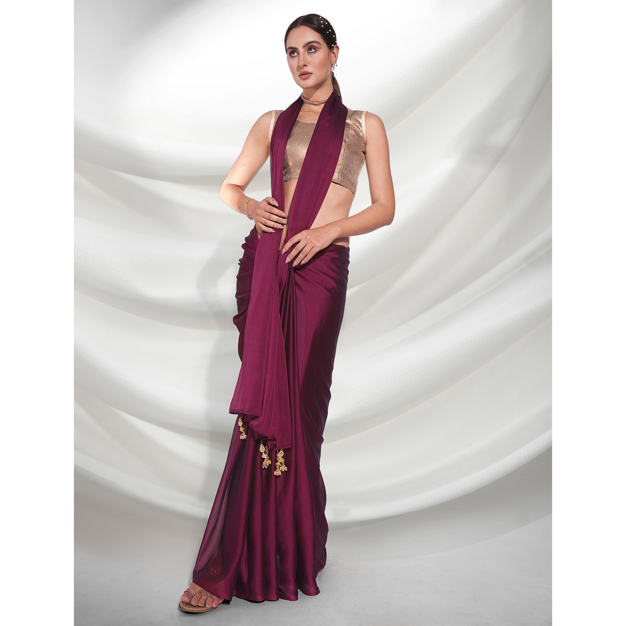 Dark Magenta Purple Solid Georgette Saree