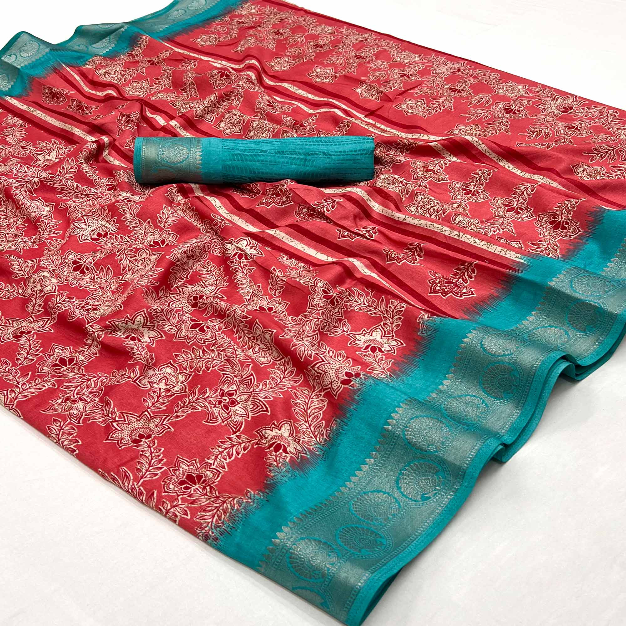 Red Floral Printed With Woven Border Dola Silk Saree
