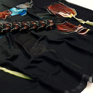 Black Floral Digital Printed Georgette Saree