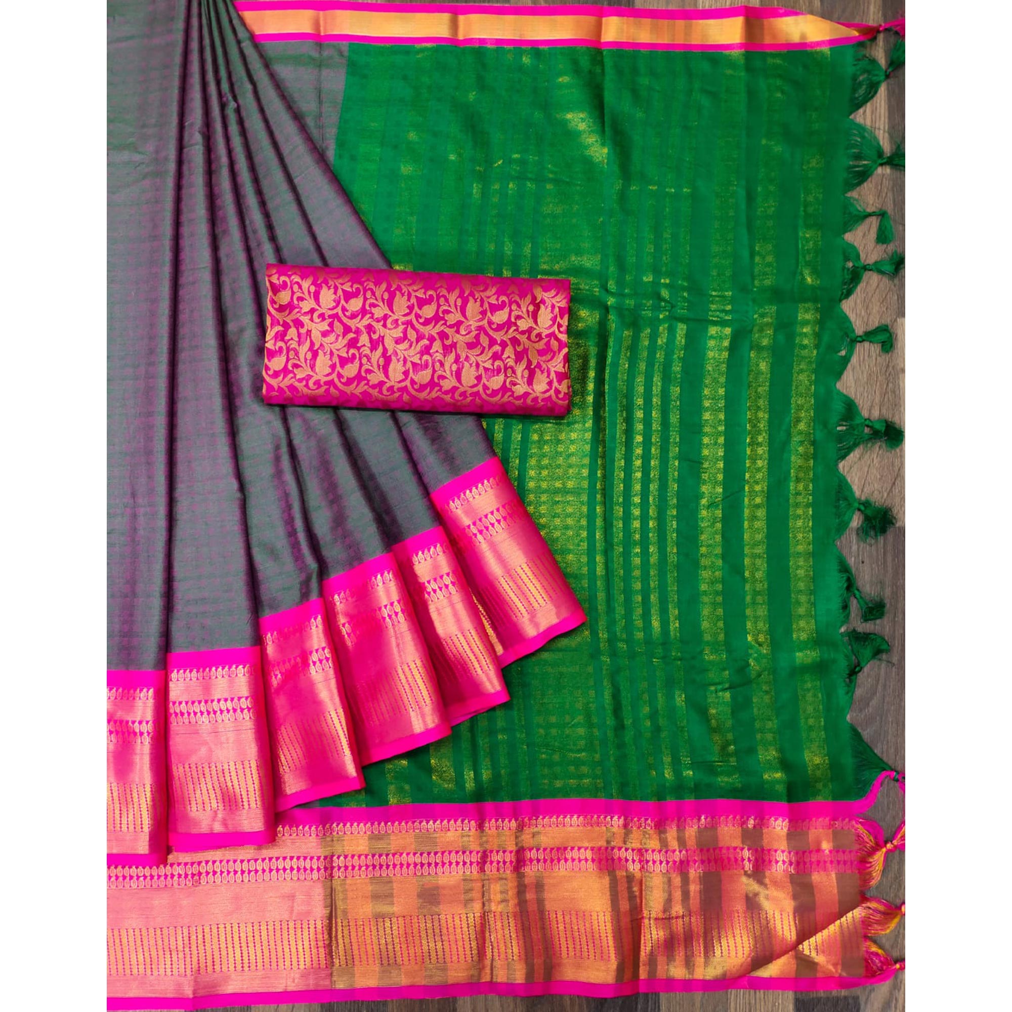 Green Woven Cotton Silk Saree With Tassels