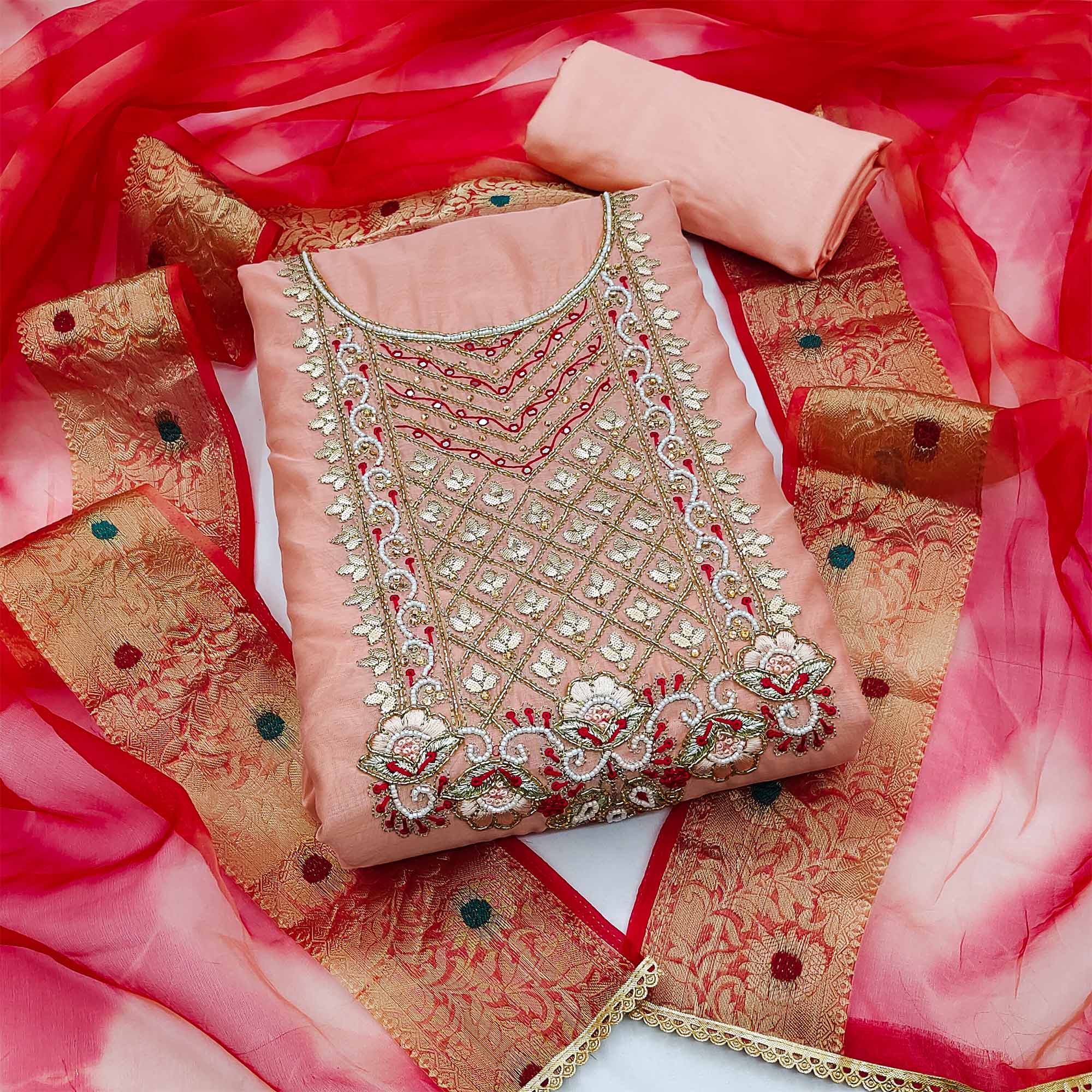 Peach Handwork Modal Dress Material
