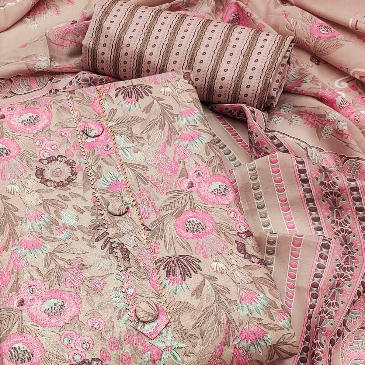 Beige Floral Printed Cotton Blend Dress Material