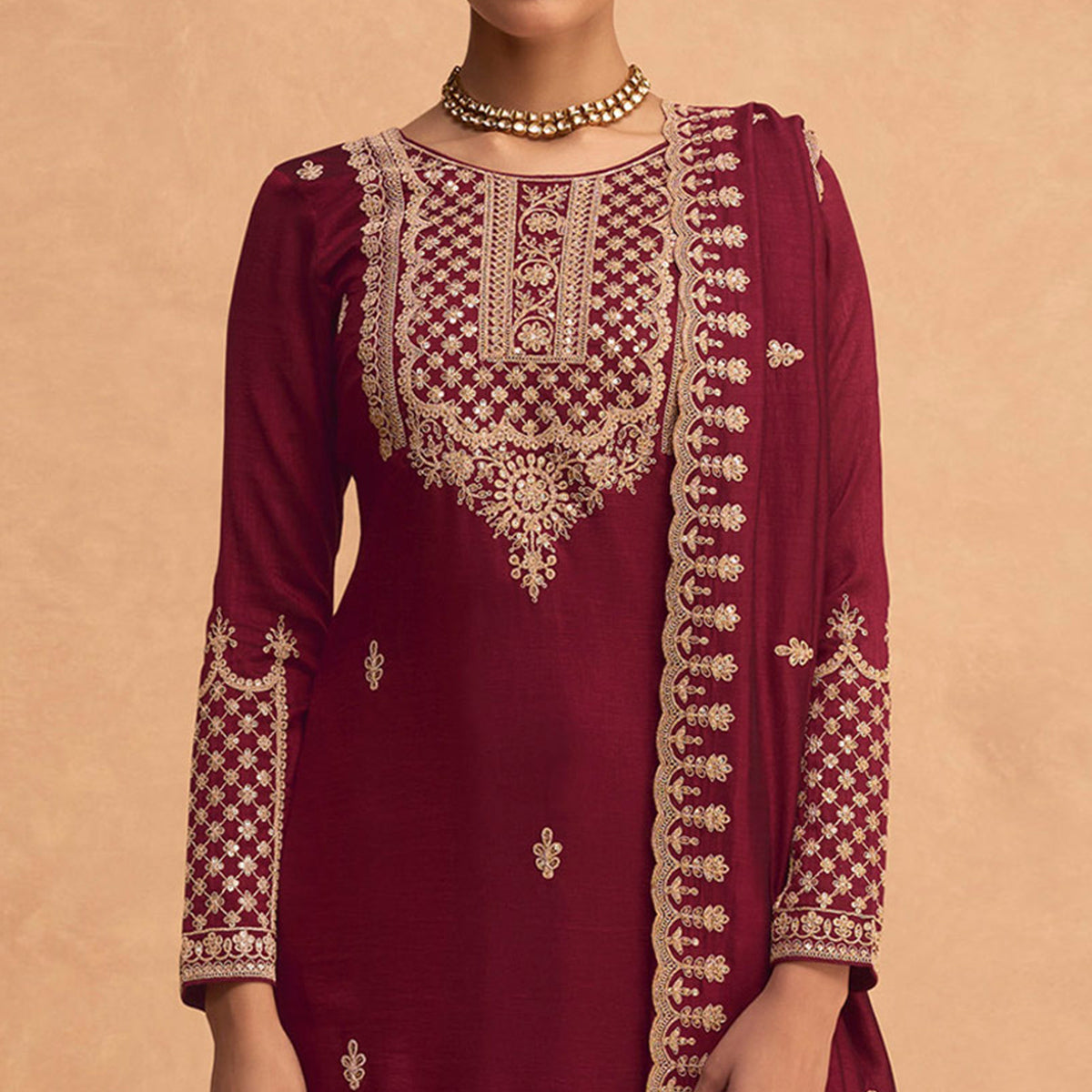 Red Sequins Embroidered Georgette Palazzo Suit
