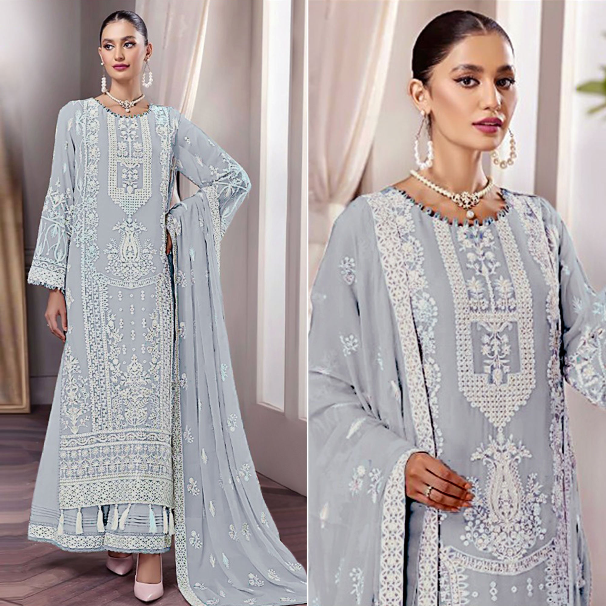 Grey Floral Embroidered Georgette Pakistani Suit