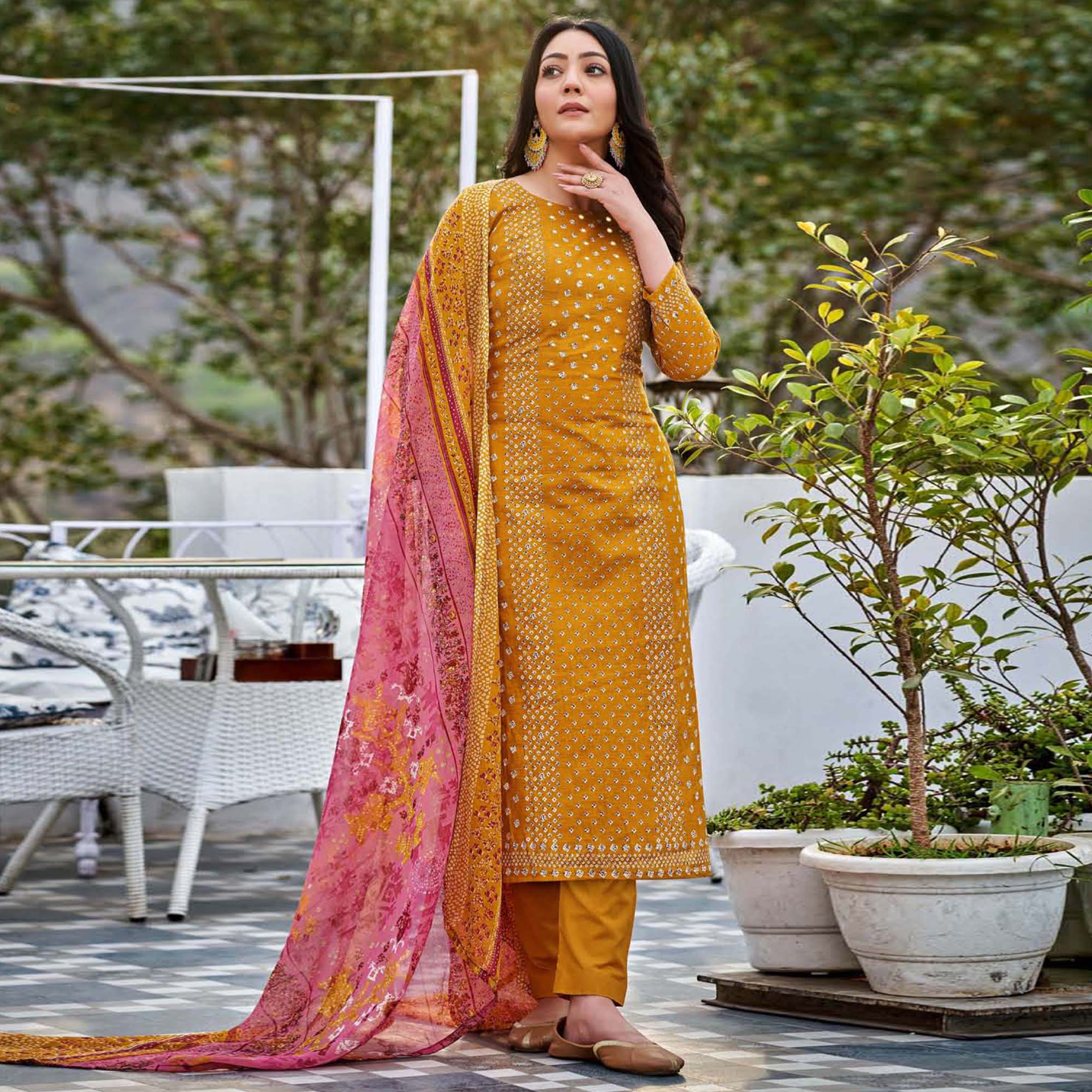 Mustard Bandhani Printed Pure Cotton Salwar Suit
