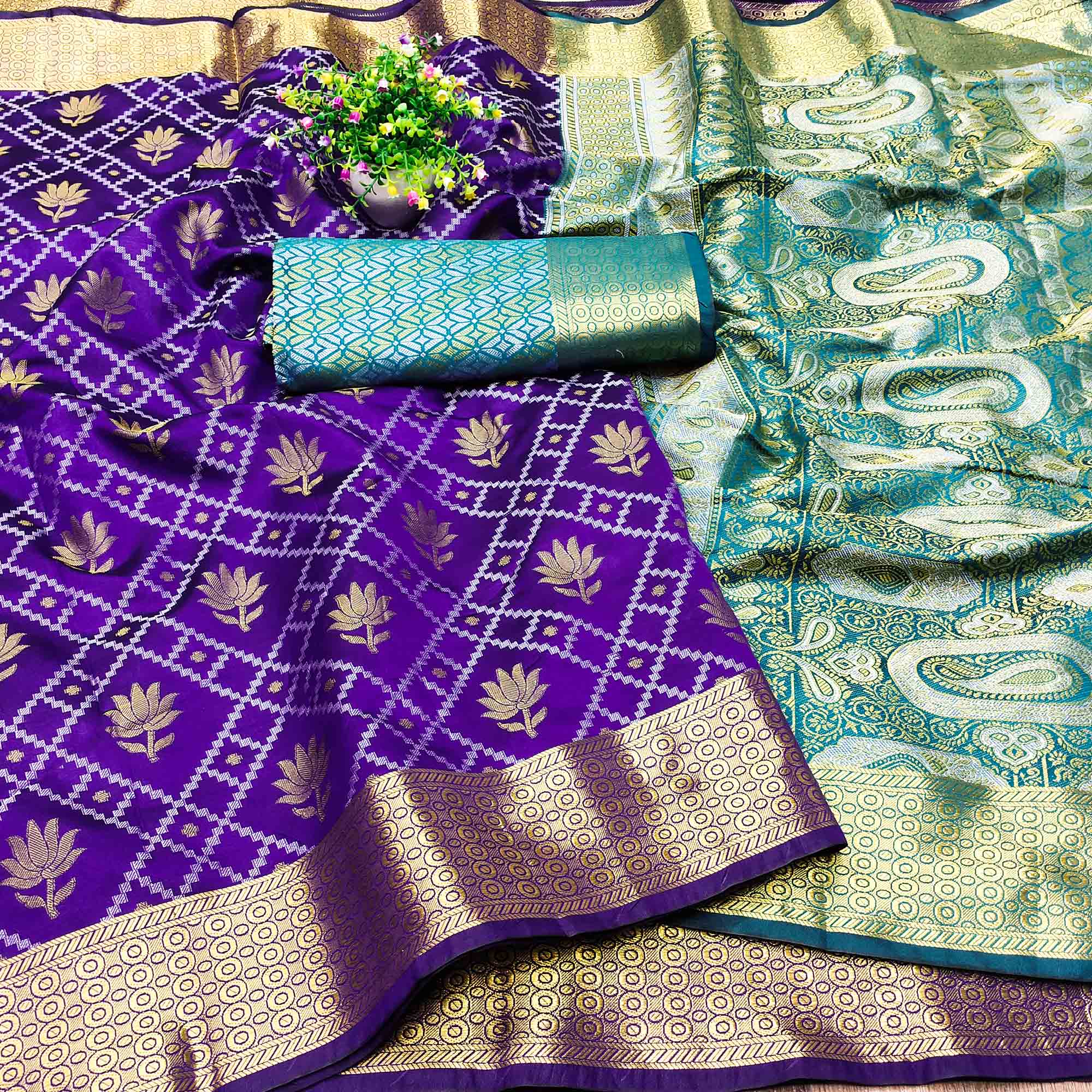 Violet Floral Woven Banarasi Silk Saree