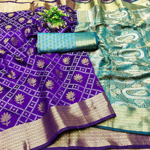 Violet Floral Woven Banarasi Silk Saree