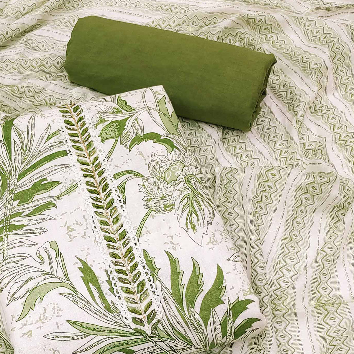White & Green Floral Printed Pure Cotton Dress Material