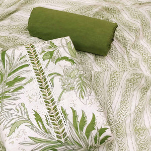 White & Green Floral Printed Pure Cotton Dress Material