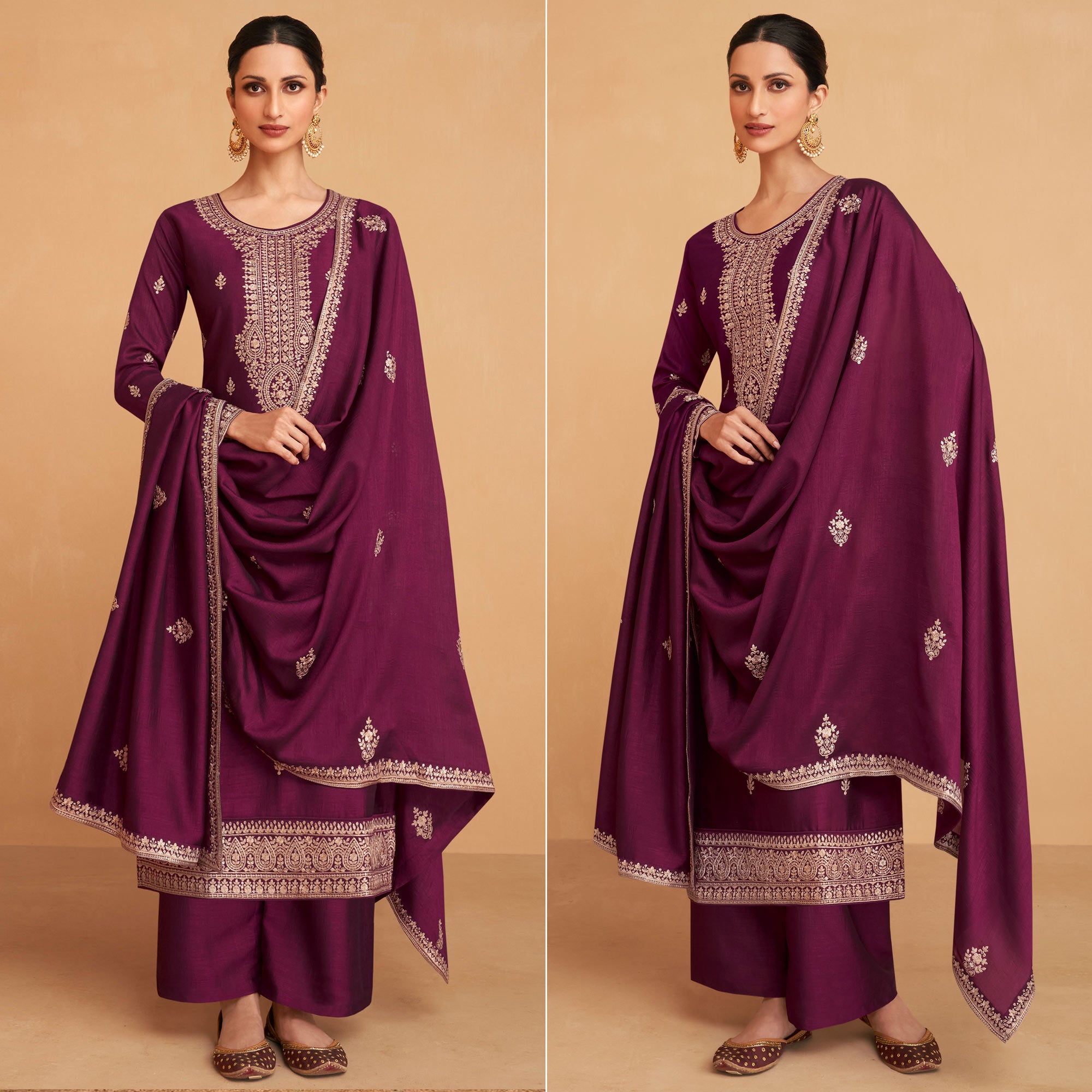 Wine Embroidered Art Silk Palazzo Suit