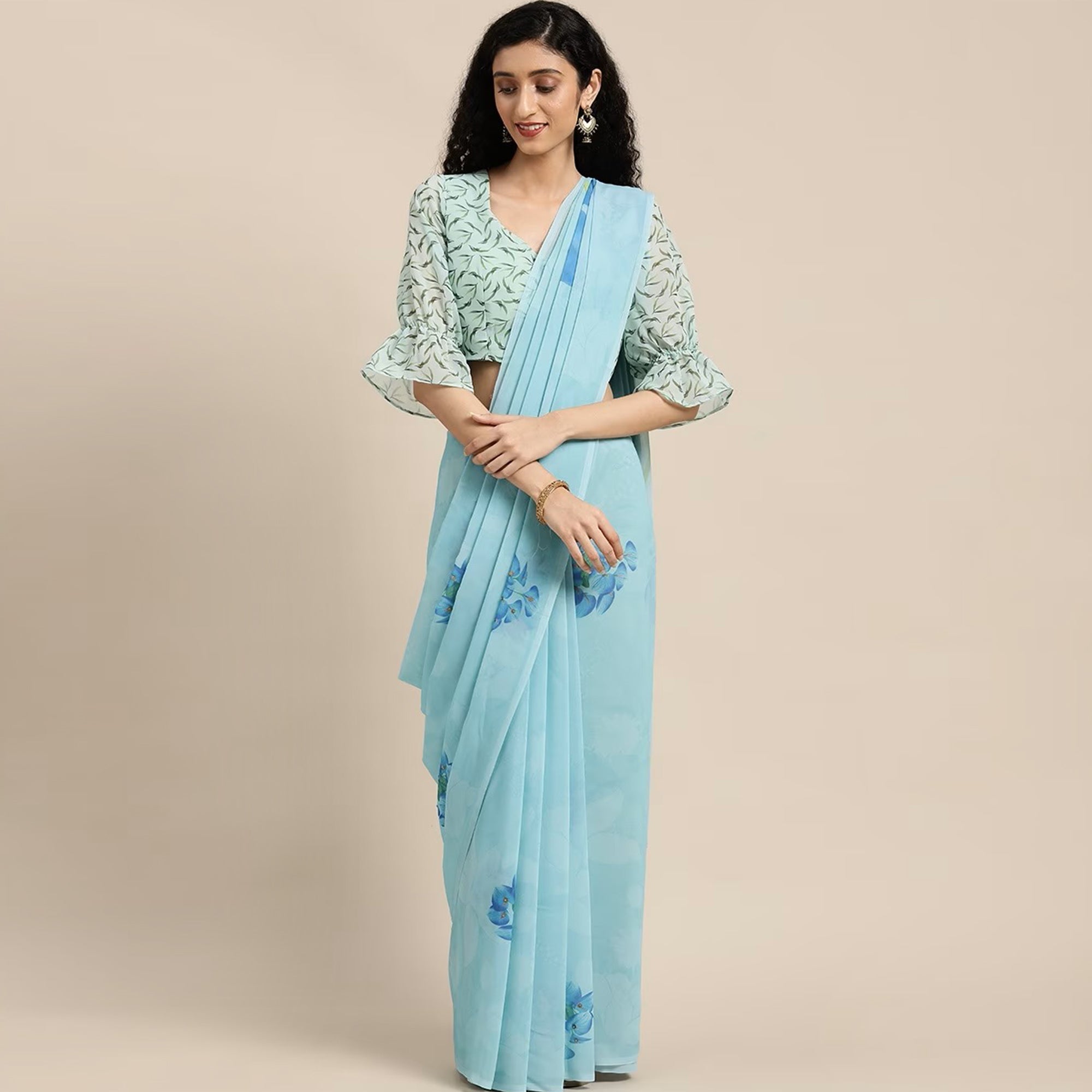 Sky Blue Floral Digital Printed Georgette Saree