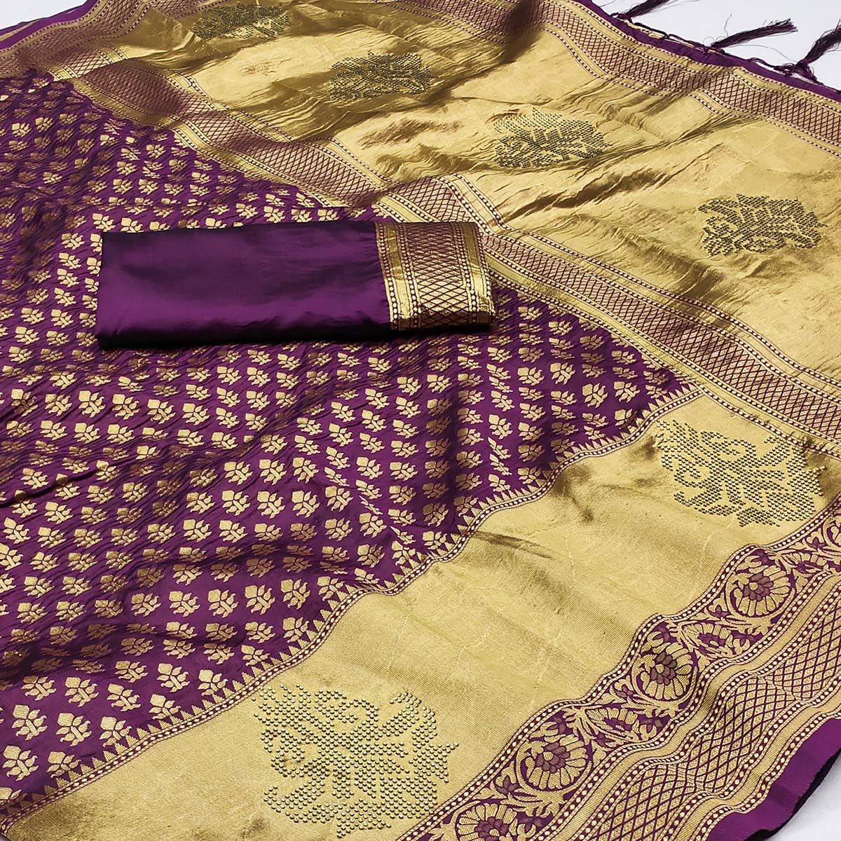 Purple Woven Art Silk Saree With Tassels