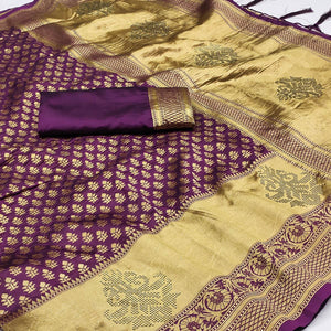 Purple Woven Art Silk Saree With Tassels