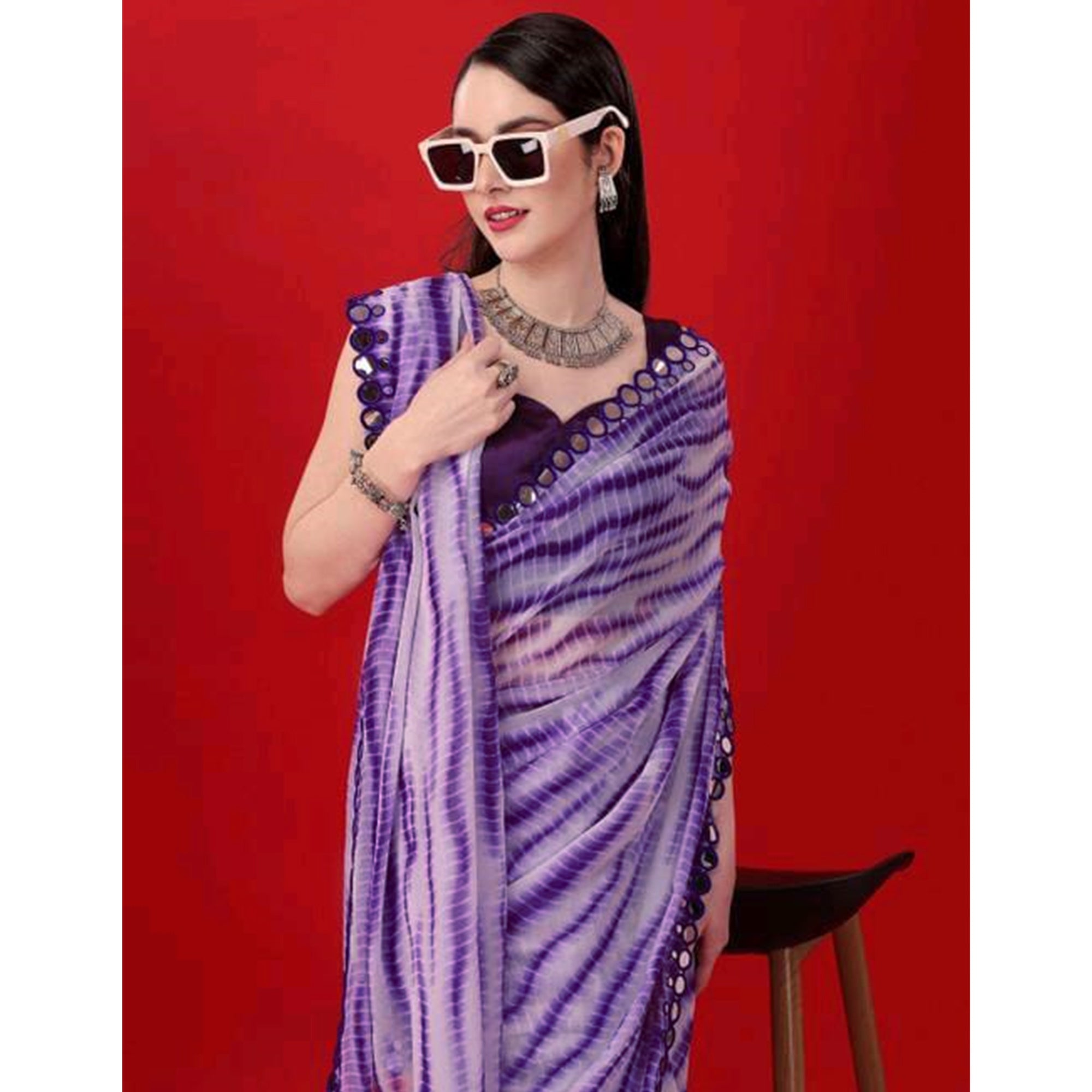 Violet Printed With Fancy Mirror Georgette Saree