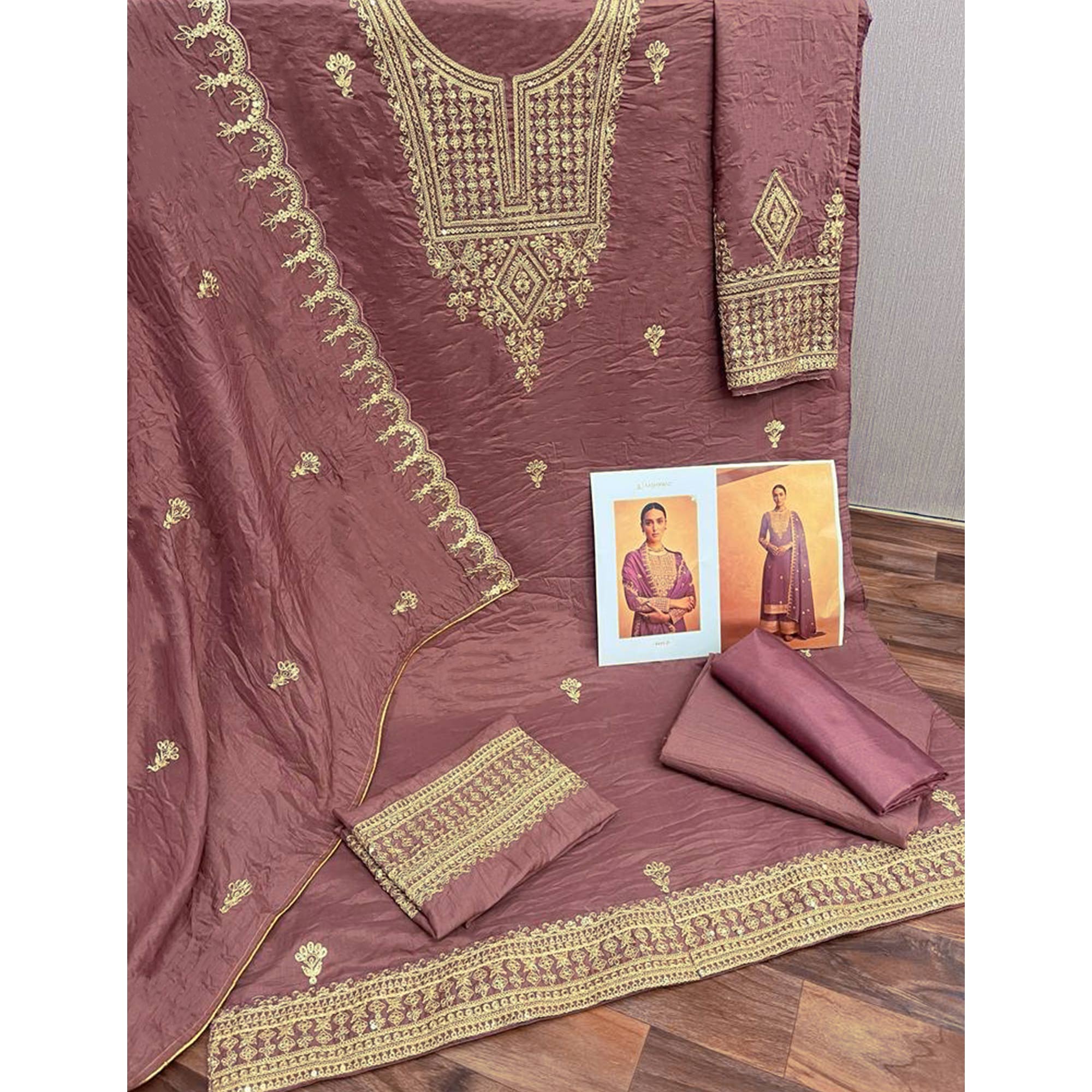 Mauve Sequins Embroidered Georgette Palazzo Suit